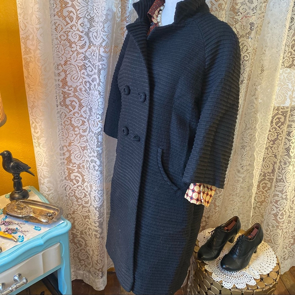 Vintage Jackets & Blazers - Gorgeous VTG 1960’s Black Mid-Mod Ribbed Wool-Blend Swing Coat - XL